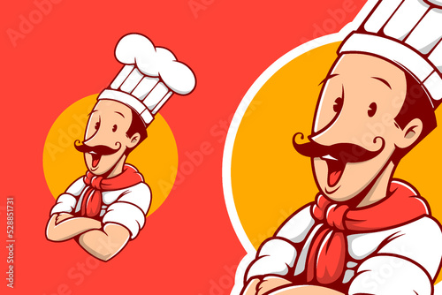 Chef cook master with moustache cartoon mascot emblem logo