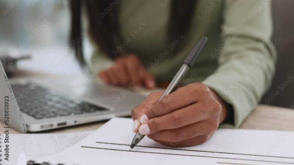 Writing paper, woman hands and laptop for finance planning, investment and savings in home office over lockdown. Zoom on accounting employee and insurance worker with financial budget for house loan Writing paper, woman hands and laptop for finance planning, investment and savings in home office over lockdown. Zoom on accounting employee and insurance worker with financial budget for house loan