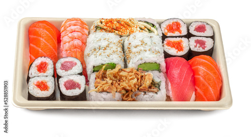 Sushi box isolated on a white background. Japan restaurant menu. Sushi  Top view.