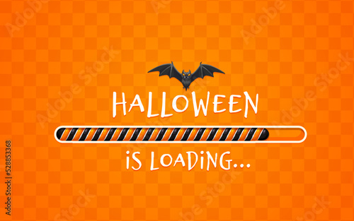 Halloween loading bar with bat, holiday load countdown on vector orange background. Halloween trick or treat party invitation or greeting card with orange pattern for celebration backdrop