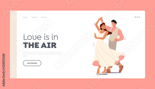 Marriage Celebration Landing Page Template. Young Husband and Wife Dancing Waltz. Happy Newlywed Couple Dancing