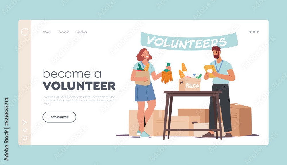 Become a Volunteer Landing Page Template. Characters Distribute Donated Food, Helping to Poor, People Stand at Desk