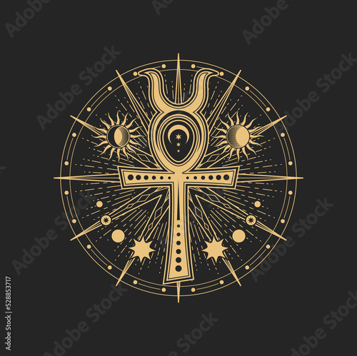 Mason sign, occult and esoteric symbol. Egyptian Ankh sign, vector magic tarot cards, sacred cross, star rays, sun and moon inside of golden circle. Religion spiritual occult amulet, tattoo design