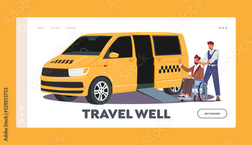 Taxi Landing Page Template. Driver Help Disabled Person on Wheelchair to enter Transport. Cab Driver Assisting Invalid