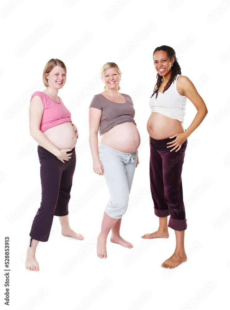 Obraz premium Portrait of happy pregnant, woman and friends in a group photo over white studio background. Female people in diversity smile with baby bumps or belly standing in happiness to be a mother in mockup.