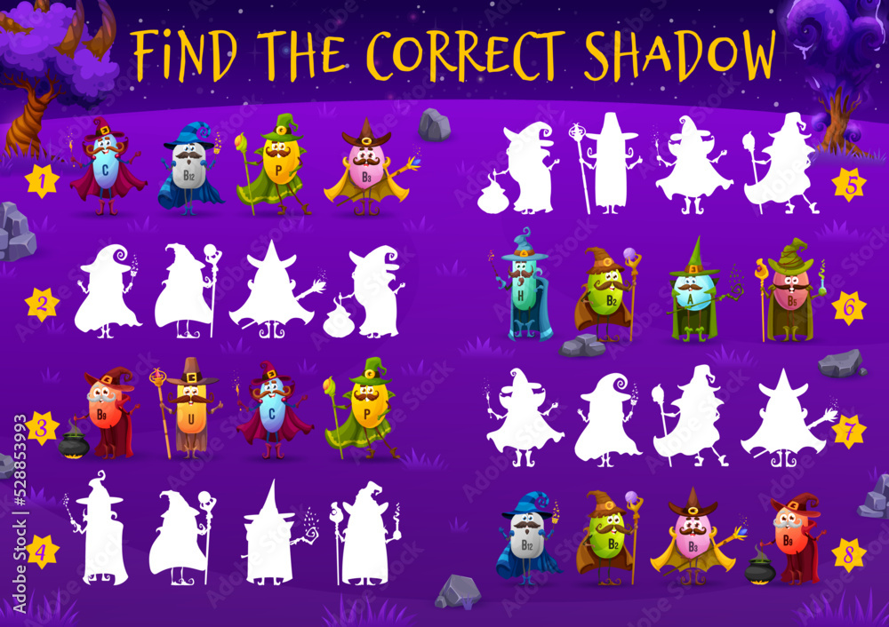 Find the correct shadow of cartoon vitamin wizard characters. Similarity search puzzle or kids quiz vector worksheet with C, B, P and U, A, vitamins, food supplements sorcerer personages on meadow Find the correct shadow of cartoon vitamin wizard characters. Similarity search puzzle or kids quiz vector worksheet with C, B, P and U, A, vitamins, food supplements sorcerer personages on meadow