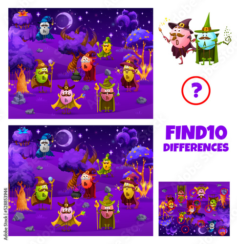 Find ten differences cartoon vitamin wizard and mage characters on Halloween meadow. Vector kids game worksheet with funny capsules wear witch costumes. Educational children riddle, leisure activity