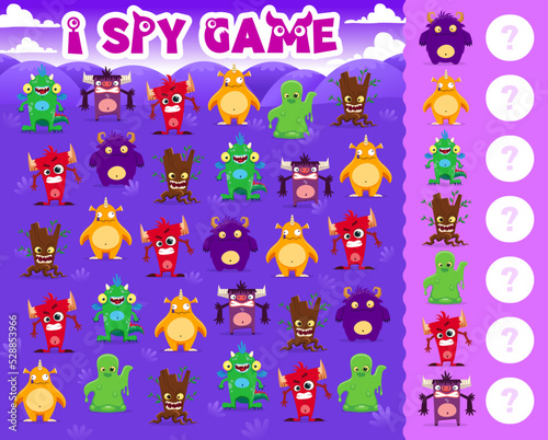 I spy game. Cartoon monster characters. Kids counting puzzle or playing activity vector worksheet with creepy slime, fairy dragon and fluffy beast with horns, scary tree stump funny monster personages