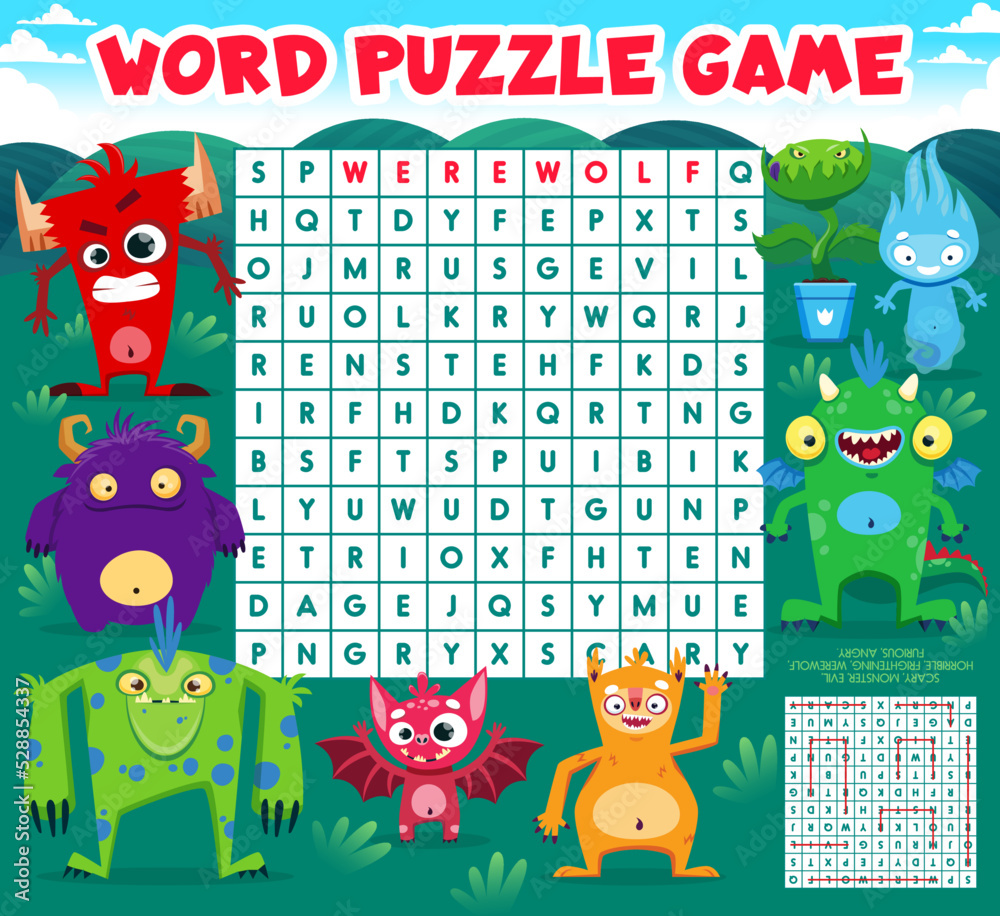 Fototapeta premium Word search puzzle game. Cartoon monster characters. Word search quiz, kids vocabulary puzzle vector worksheet with cute bat, funny dragon, alien lizard and fluffy beast, angry devil monster personage