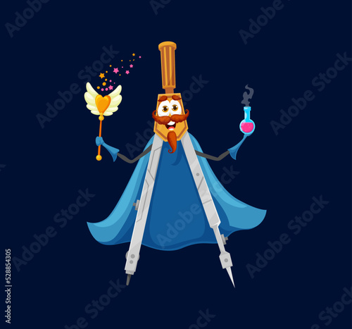 Cartoon school compass pair mage, wizard or warlock character. Vector tool for drawing circles wear blue cape with staff and potion bottle in hands. Isolated divider Halloween personage making spell