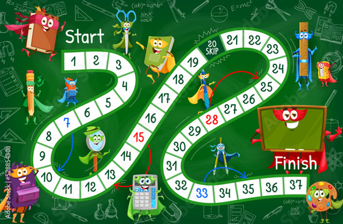 Kids board game. Cartoon school education superhero characters. Children boardgame or vector dice playing activity worksheet with book, eraser, scissors and copybook, backpack, compass cute personages