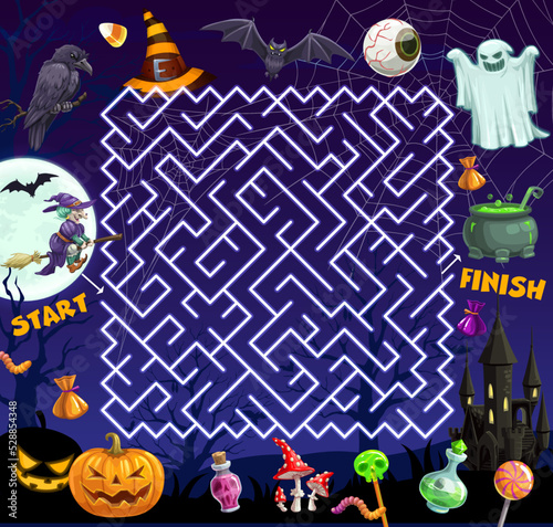 Kids Halloween labyrinth maze game. Children maze puzzle or Halloween find way riddle vector worksheet with pumpkin lanterns, witch flying on broom, scary cemetery ghost and magic potion cauldron