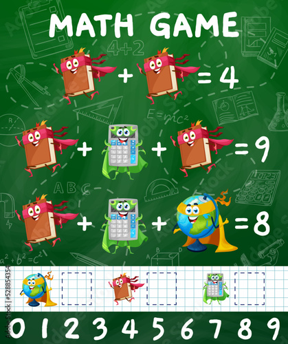 Math game. Cartoon textbook  globe and calculator characters on school board. Kids education puzzle vector worksheet with school education cheerful personages  lessons accessories on chalkboard