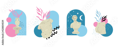 Antique marble statue. Greek or roman sculptures, gods and goddesses. Hand drawn body parts and faces with texture, Classic statues abstract contemporary poster or print vector cartoon flat set