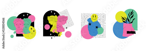 Psychedelic sculptures. Trippy surreal antique Greek crazy statue, acid colors, contemporary artwork, 90s style rave print, bright abstract trippi posters. Vector cartoon flat isolated set