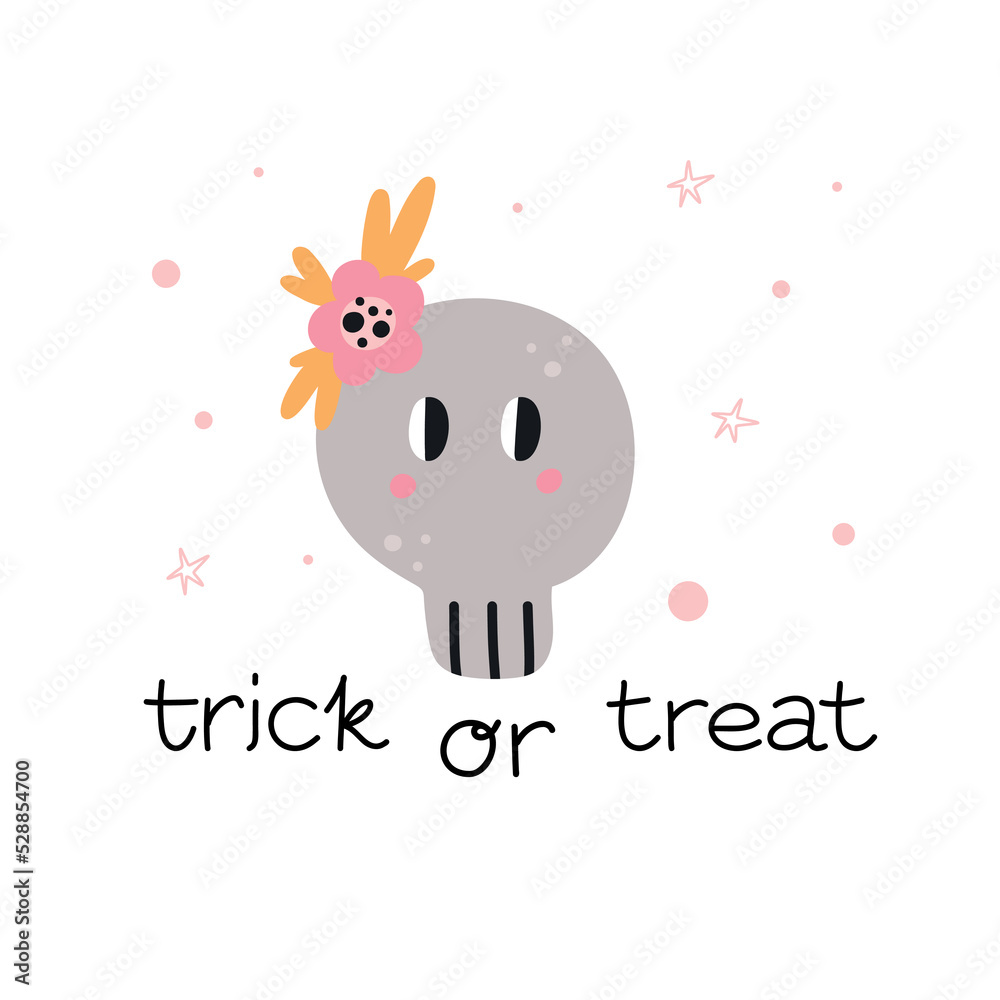 Cute little scull. Halloween kids print. Hand drawn funny character with flowers, t-shirt decor. Autumn holiday card or poster. Handwritten lettering phrase. Vector cartoon illustration Cute little scull. Halloween kids print. Hand drawn funny character with flowers, t-shirt decor. Autumn holiday card or poster. Handwritten lettering phrase. Vector cartoon illustration