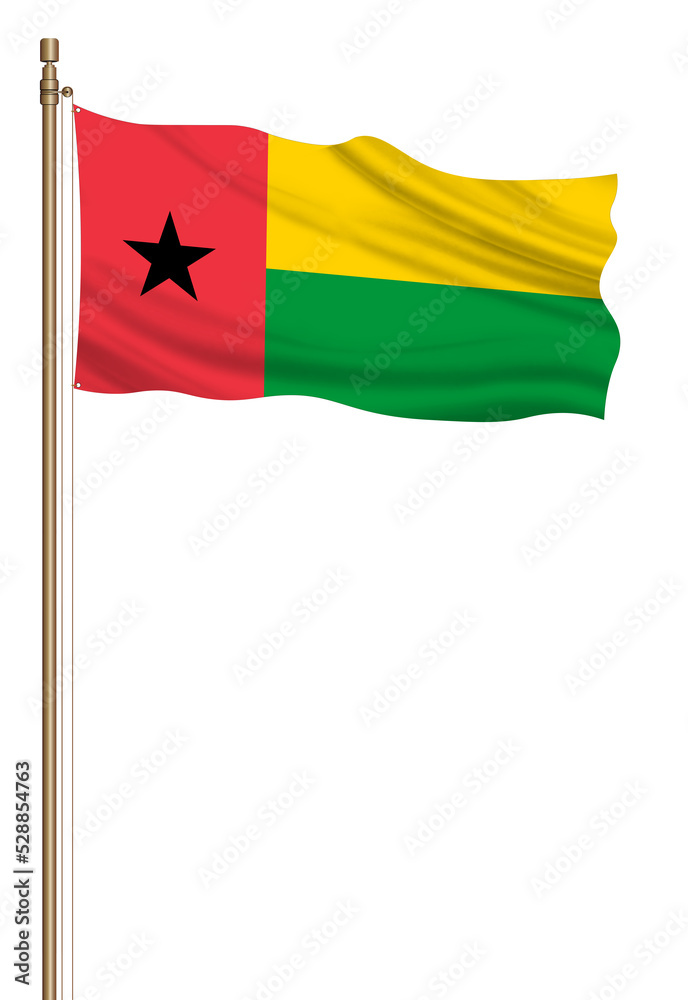 Fototapeta premium 3D Flag of Guinea-Bissau on a pillar blown away isolated on a white background.