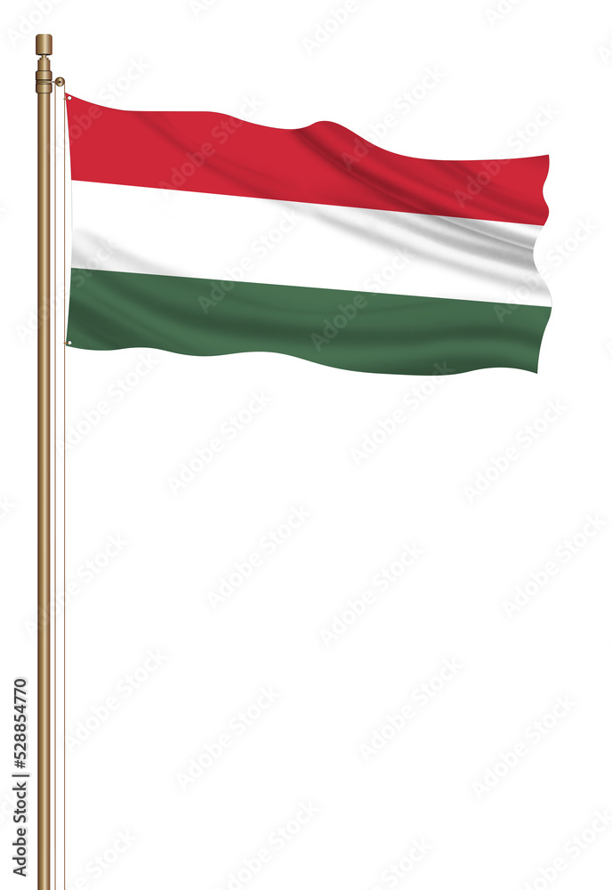 3D Flag of Hungary on a pillar blown away isolated on a white background. 3D Flag of Hungary on a pillar blown away isolated on a white background.