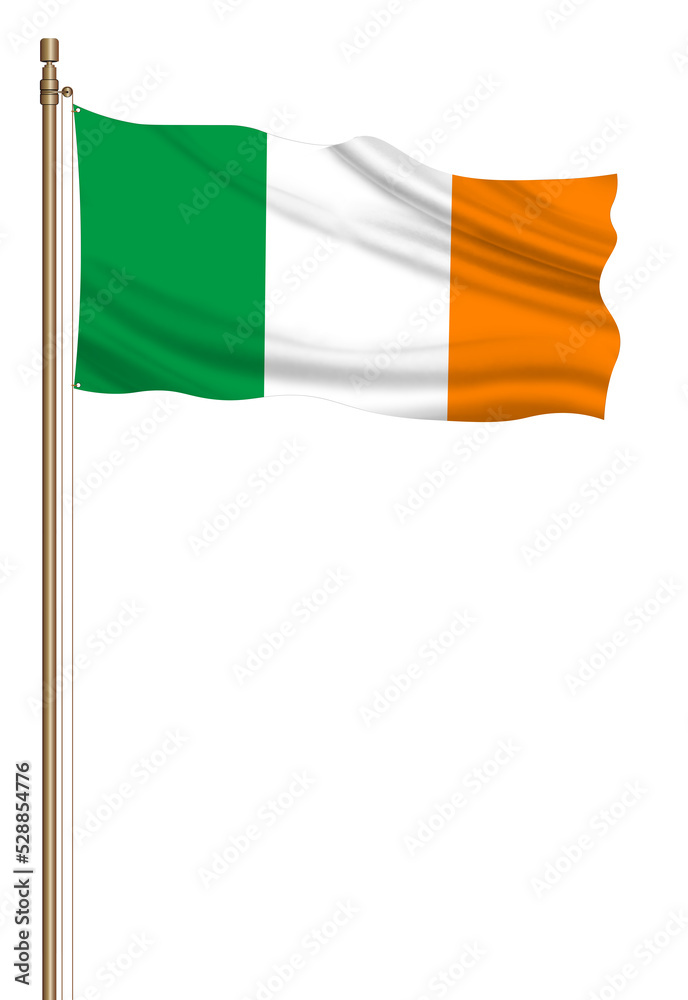 3D Flag of Ireland on a pillar blown away isolated on a white background. 3D Flag of Ireland on a pillar blown away isolated on a white background.