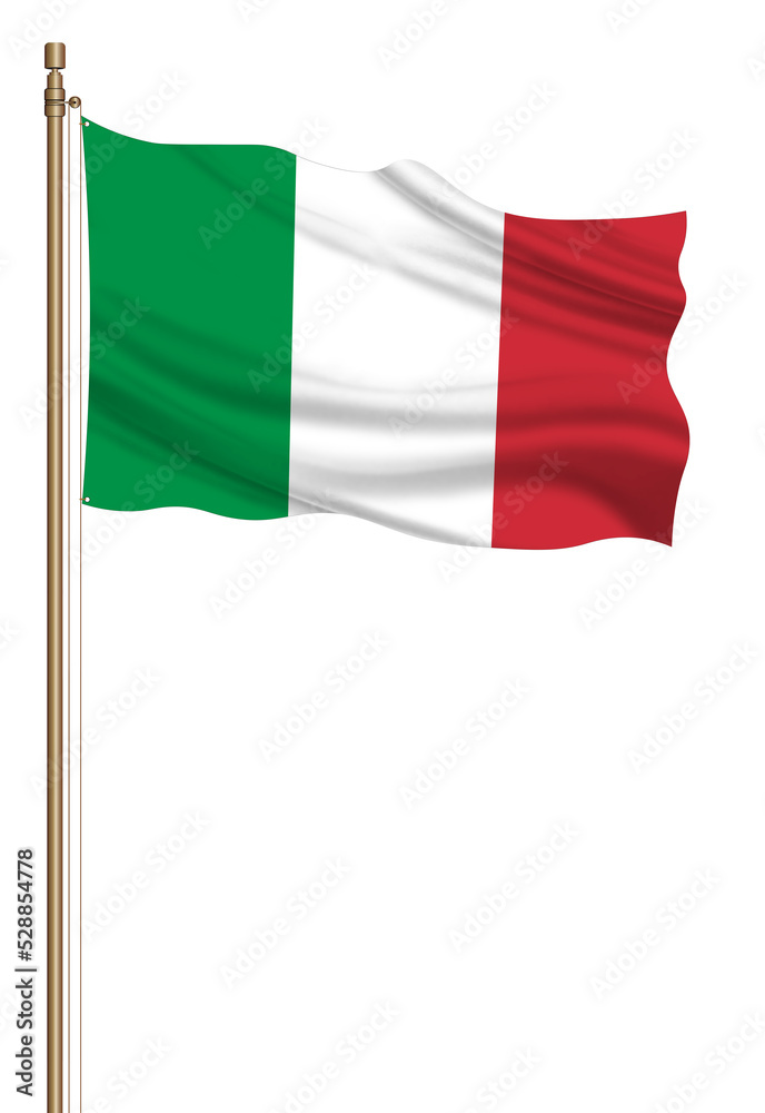 3D Flag of Italy on a pillar blown away isolated on a white background. 3D Flag of Italy on a pillar blown away isolated on a white background.