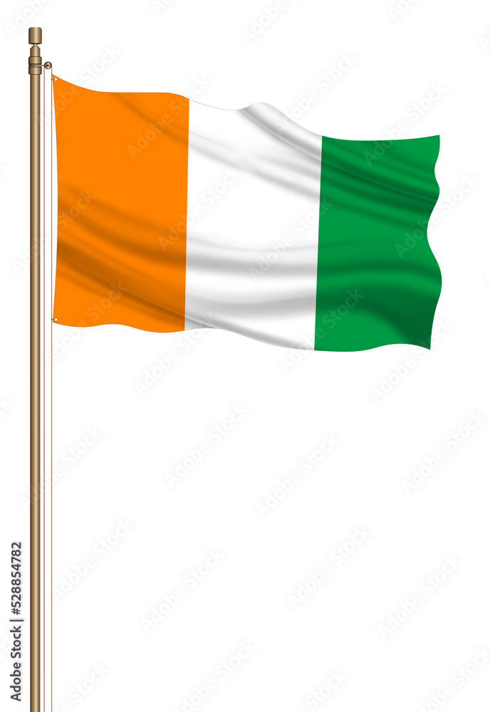 3D Flag of Ivory Coast on a pillar blown away isolated on a white background. 3D Flag of Ivory Coast on a pillar blown away isolated on a white background.