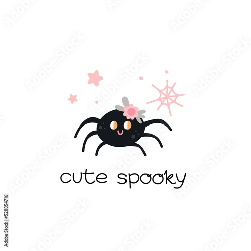 Cute little spider. Halloween kids print. Hand drawn funny character, t-shirt decor. Autumn holiday card or poster. Handwritten trick or treat lettering phrase. Vector cartoon illustration