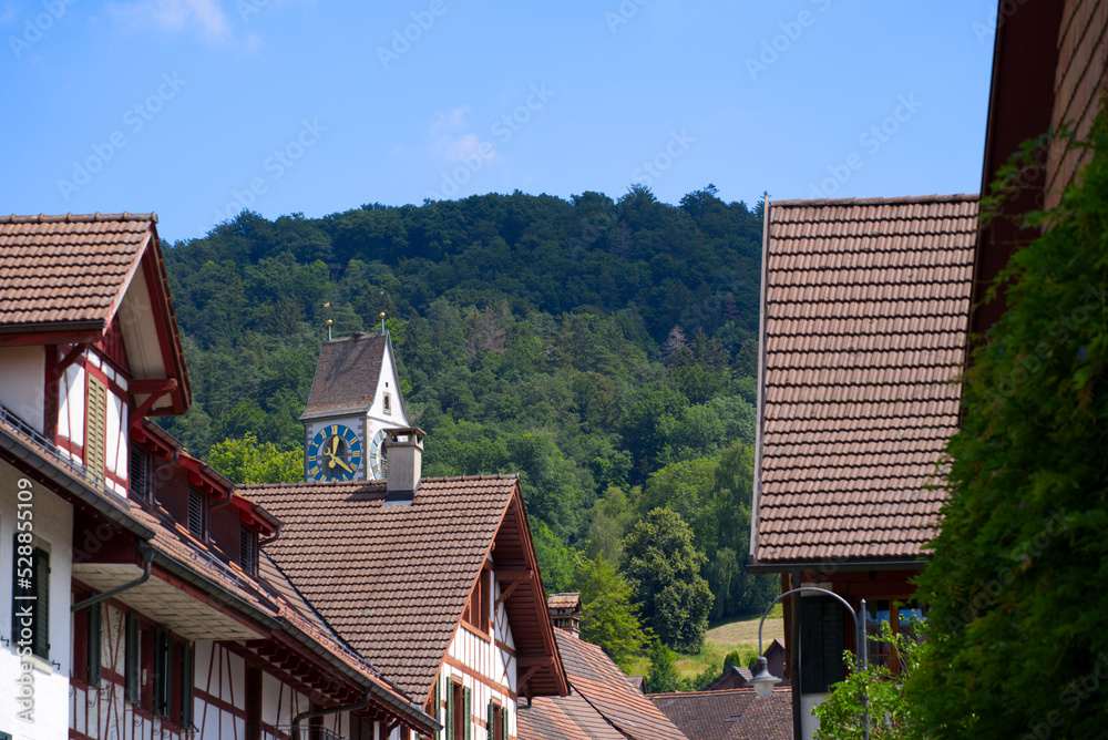 Beautiful traditional rural village Unterstammheim with traditional houses and church tower at Photo taken July 10th, 2022, Unterstammheim, Switzerland.