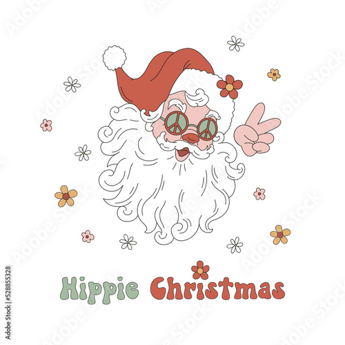 Hippie Santa Claus portrait in peace sign shades vector illustration isolated on white. Happy Christmas equivoque. Retro 60s 70s Floral Xmas Holiday festive season greeting postcard design.