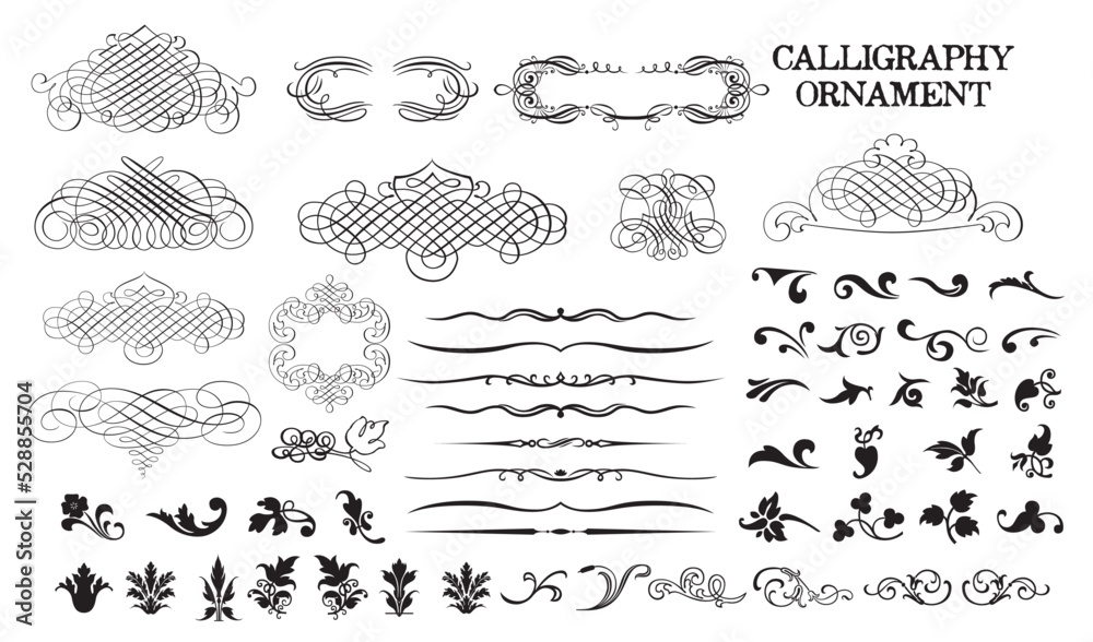 Calligraphy Ornament Set. Royal Element Decoration. Vintage Lines. Scrollwork Decorative Swirl, Vintage Crown, Flourishes. Retro Vector Illustration. Hand Drawn Design. Filigree Divider Wedding. 