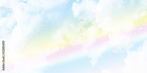 fantasy magical landscape rainbow on sky abstract big volume texture fluffy clouds shine close up view straight, cotton wool, pink purple pastel colors sun fabulous background