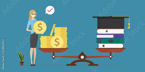 Girl holds money for education. Cost of college and invest in school. Scholarship of student. Tuition fees, concept. Student loan, debt for study in university.