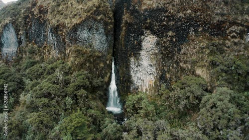 Cayambe Coca Reserve Hike With Waterfall In Andean Mountains Near Papallacta, Ecuador. Aerial Pullback