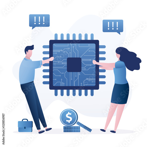 Semiconductor and computer chip supply chain shortage due to pandemic and economic crisis. Business people fighting to get electronic chip. Electronics manufacturing problem concept.