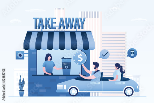 Takeaway food and drink, banner. Coffee shop kiosk. Hungry people on modern car with money. Fast food technologies. Funny couple pays for cups of coffee. Local, small business.