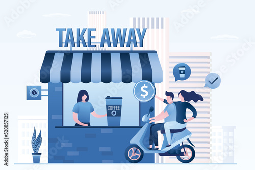 Takeaway food and drink, banner. Coffee shop kiosk. Hungry people on motorbike with money. Fast food technologies. Funny couple pays for cups of coffee. Local, small business.