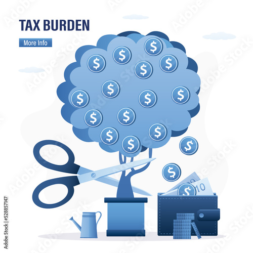 Tax burden, concept. Large scissors cuts the money tree. Corporate tax claims. Unsuccessful startup, failure. Debt, concealment of losses. Company bankruptcy. Financial crimes