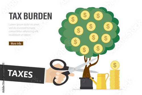 Tax burden, concept. Large hand uses scissors and cuts the money tree. Corporate tax claims. Unsuccessful startup, failure. Debt, concealment of losses. Company bankruptcy.