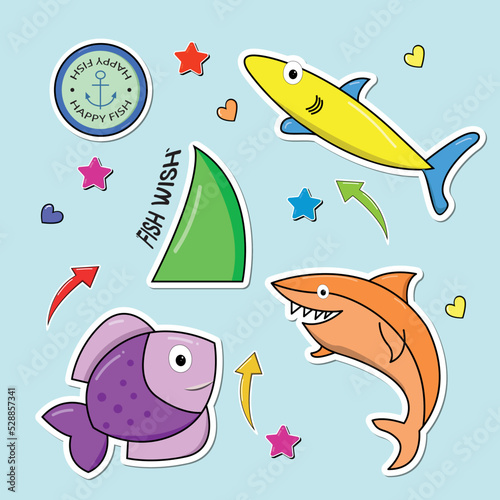 Sea animals fish stickers collection, vector set