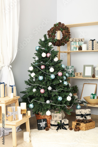 Concept of Christmas and Happy New Year, beautiful Christmas tree