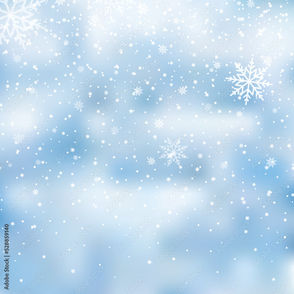 Winter snowfall and snowflakes on light blue background. Xmas and New Year background. Vector