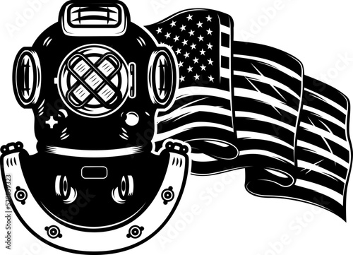Diver helmet on usa flag background. Design element for poster, card, banner, design. Vector illustration