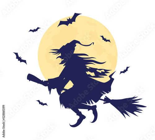Evil witch semi flat color vector character. Editable figure. Full body person on white. Spooky bats. Full moon midnight simple cartoon style illustration for web graphic design and animation