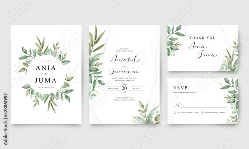 Set of elegant wedding invitation templates with green leaves