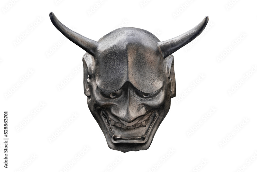 Traditional japanese mask of a demon isolated on white background with clipping path. The mask shadow kabuki is a classical japanese dance drama with theater form, Selective Focus.