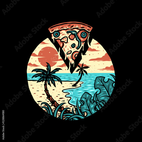 Pizza summer beach t-shirt graphic design, hand drawn line style with digital color, vector illustration © Amillustrated