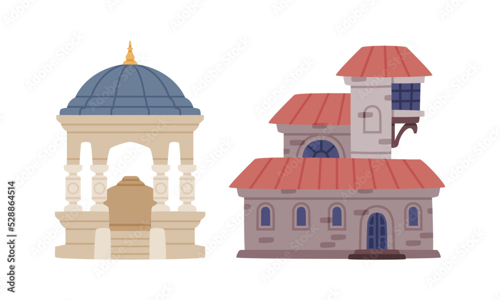 German Fountain Gazebo and Building Facade as Turkey Architecture Vector Set