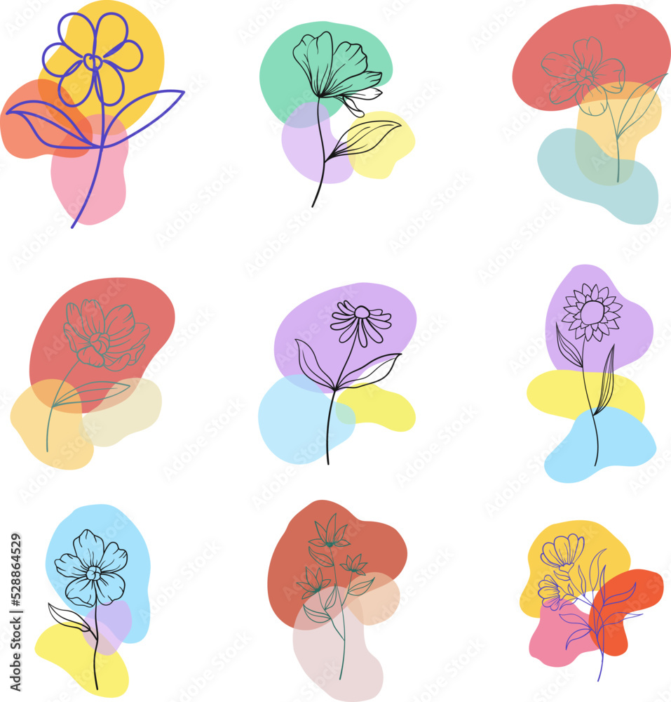 Hand drawn line wild flower and abstract blob shapes, modern floral template for posts, highlights covers and stories.