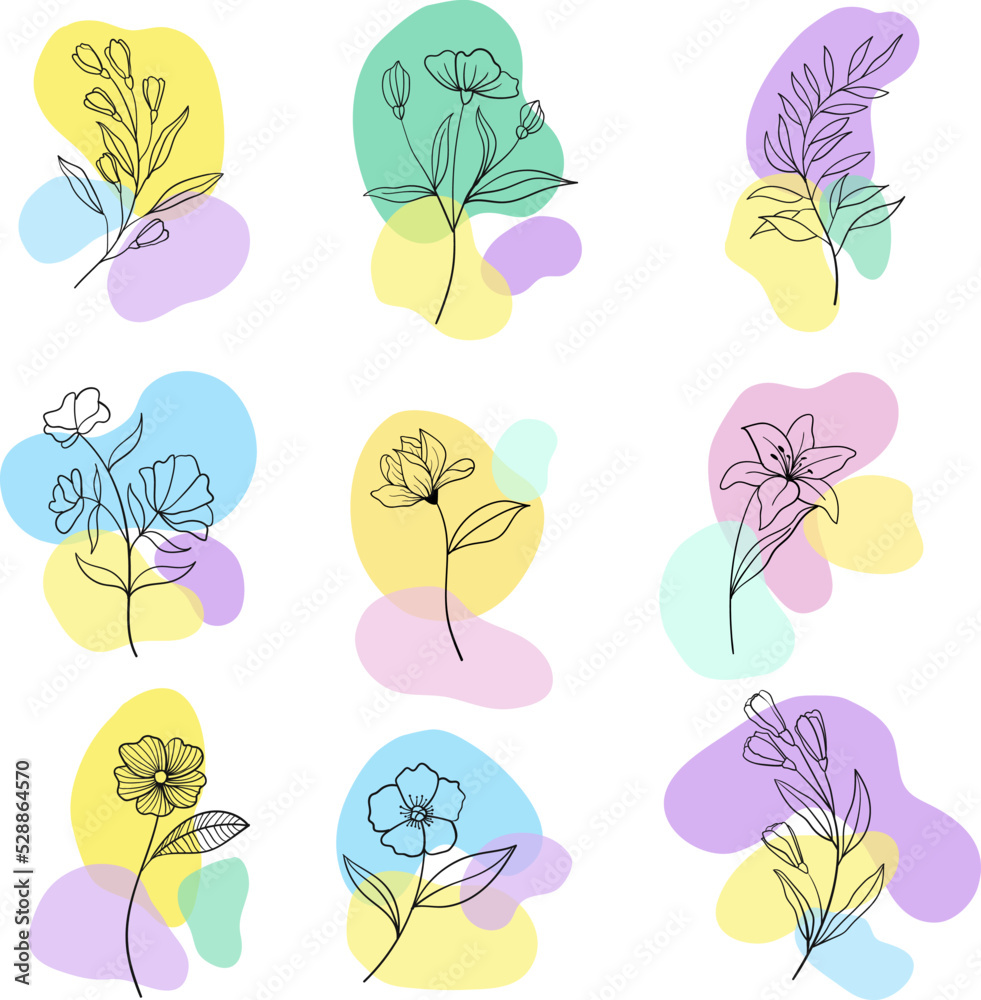 Hand drawn line wild flower and abstract blob shapes, modern floral template for posts, highlights covers and stories.