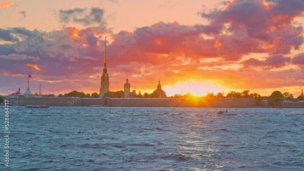 4k, Beautiful sunset over the Peter and Paul Fortress, Neva river, Saint-Petersburg, Russia