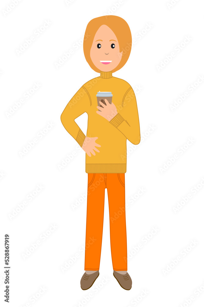 Happy smiling trendy girl or guy holding coffee cup and other hand on his belt. Modern lifestyle, food and drink concept. Happy smiling trendy girl or guy holding coffee cup and other hand on his belt. Modern lifestyle, food and drink concept.